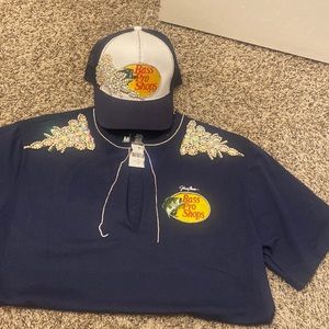 Custom blinged out navy blue bass pro hat and shirt set
